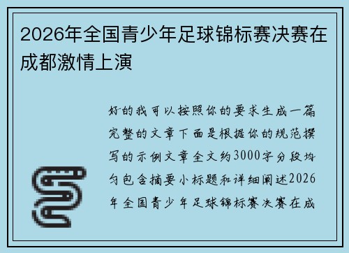 2026年全国青少年足球锦标赛决赛在成都激情上演