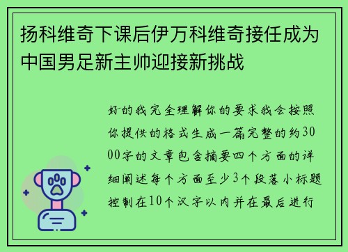 扬科维奇下课后伊万科维奇接任成为中国男足新主帅迎接新挑战