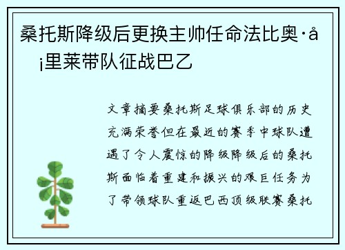 桑托斯降级后更换主帅任命法比奥·卡里莱带队征战巴乙 桑托斯降级后更换主帅任命法比奥·卡里莱带队征战巴乙