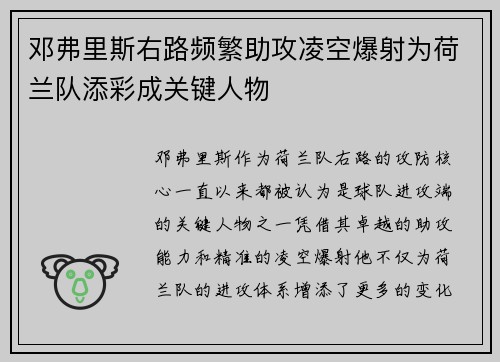 邓弗里斯右路频繁助攻凌空爆射为荷兰队添彩成关键人物